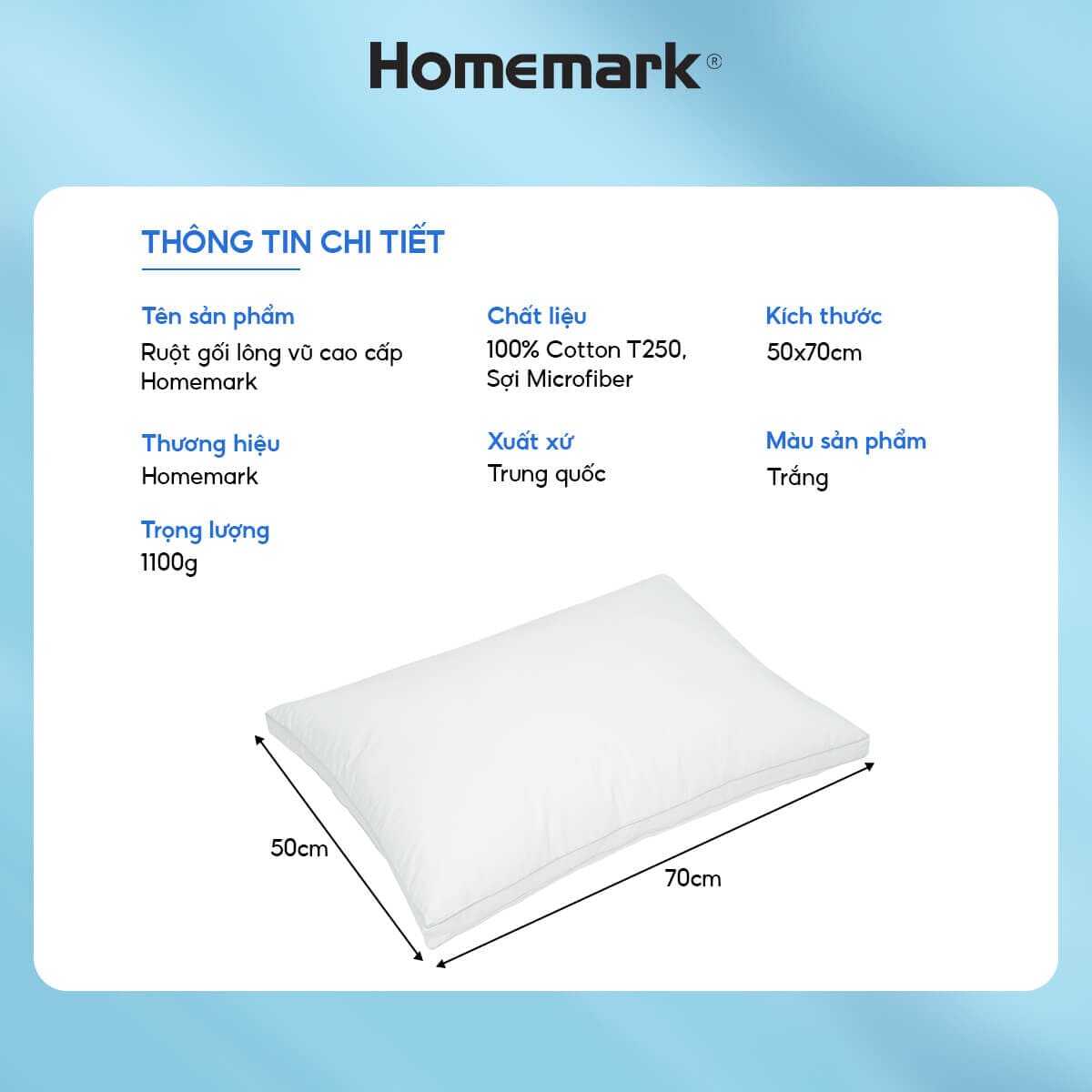 Ruột Gối Lông Vũ 50x70cm Homemark Premium Êm Ái, Thoáng Khí, Chống Xẹp Lún, Chống Bám Bụi, Cao Cấp