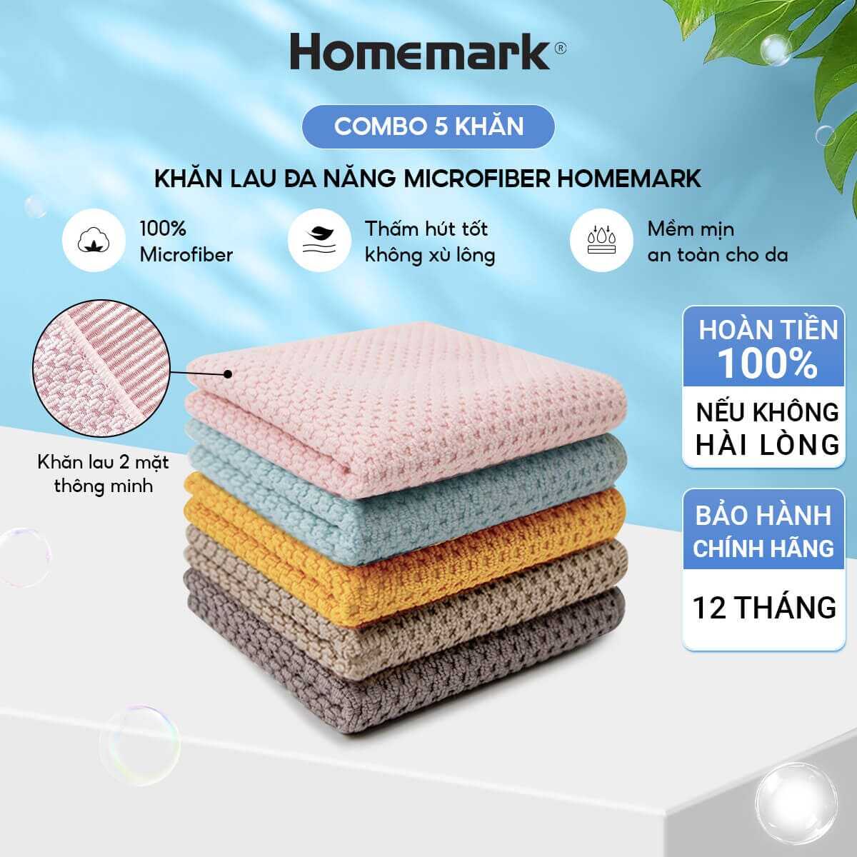 Khăn lau bếp đa năng siêu thấm hút, lau kính, xe ô tô, combo 5 cái Homemark