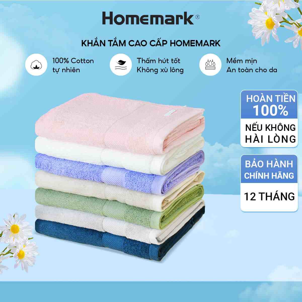 Khăn Tắm Cotton Cao Cấp Homemark Dày Mềm, Thấm Hút - Size 70x140 / 50x100 / 40x65 / 34x34cm