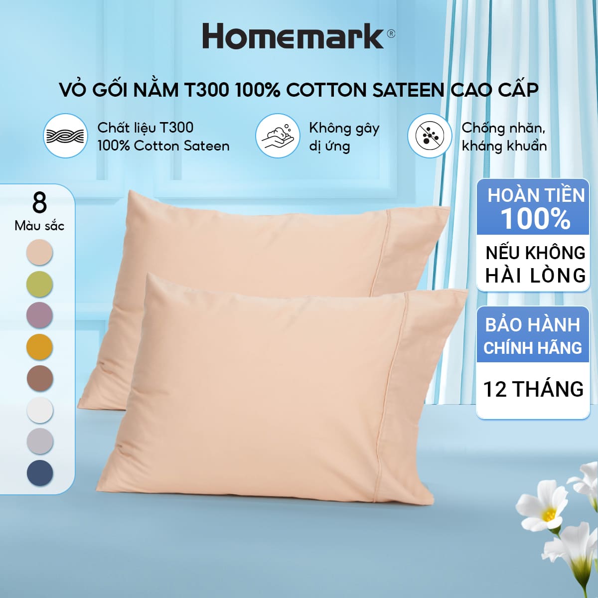 Vỏ Gối Cotton Sateen 100% Cao Cấp 50x70cm Mềm Mại, Thoáng Khí, Chống Nhăn